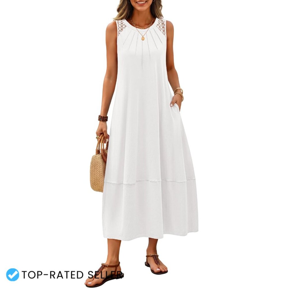 Boho Maxi Dress Pleated Lace Hollow Out Sleeveless Beach Vacation Sundress